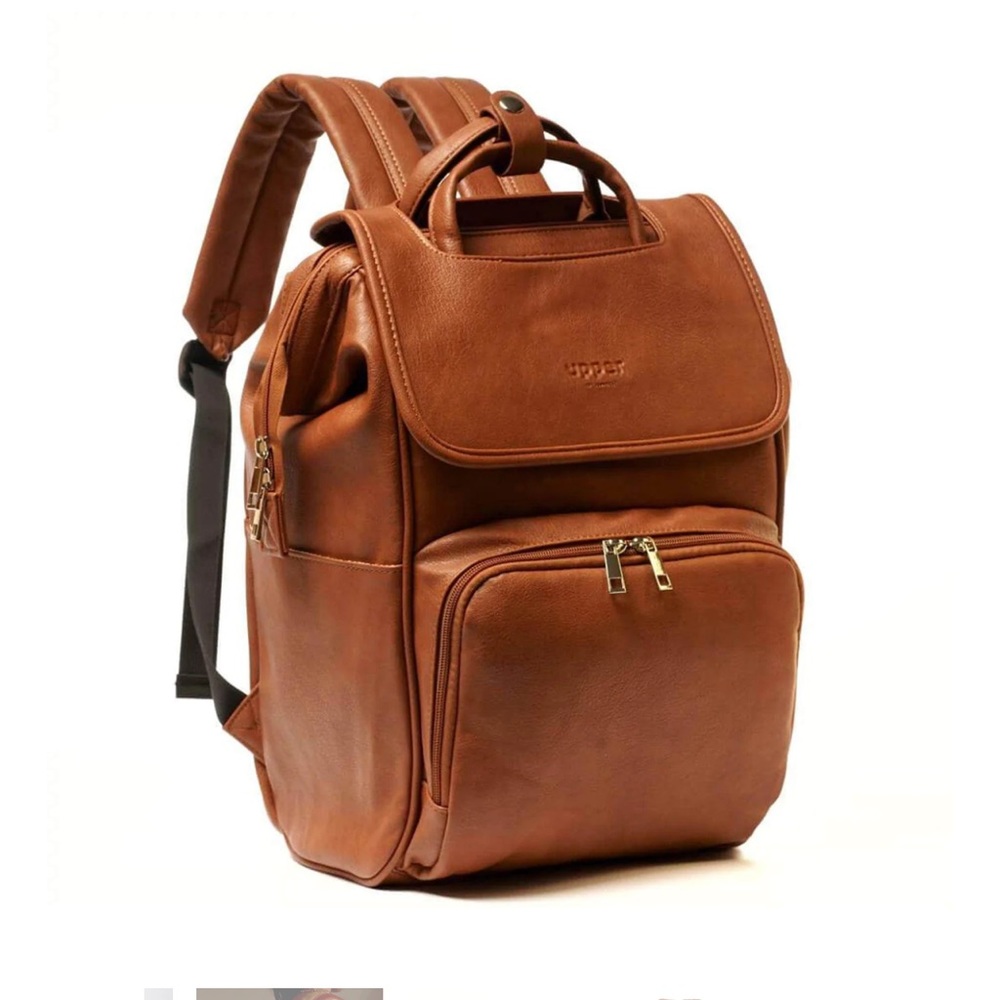 La Mare Cognac Vegan Leather Diaper Bag Backpack